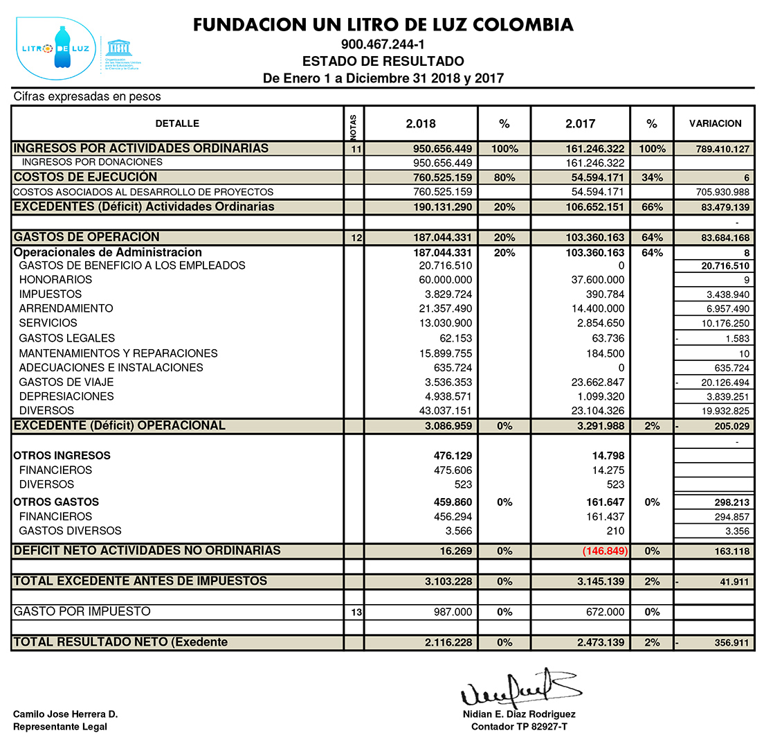 Estado Financiero Litro de Luz 2018